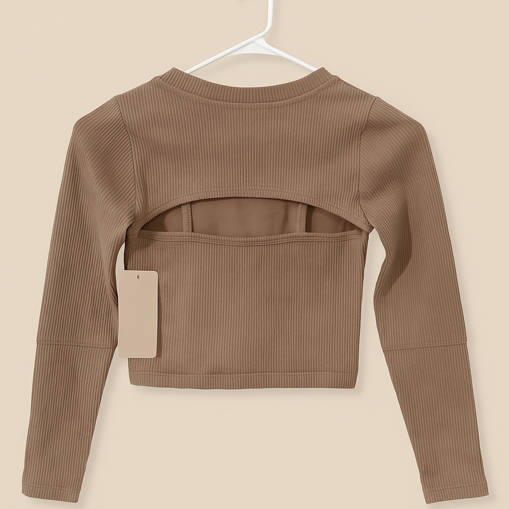 Chic Tan Ribbed Cut-Out Crop Top - Picture 4 of 5